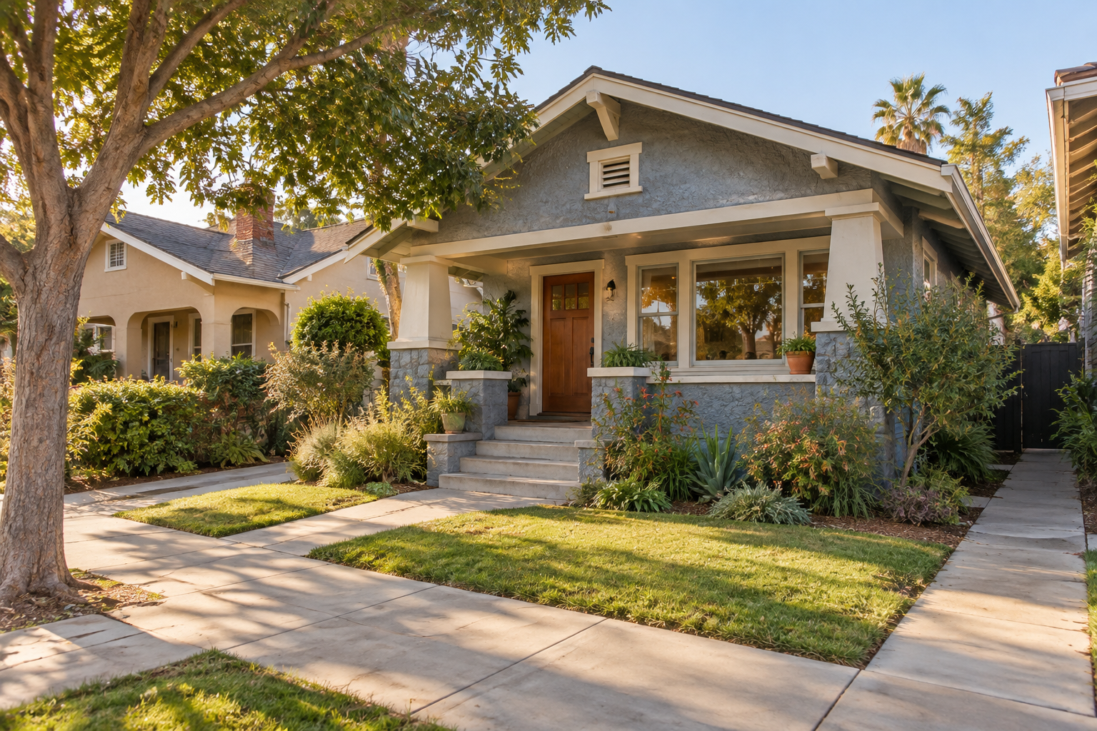 A welcoming modest family home with a front porch, mature trees, and a small lawn in an urban Los Angeles neighborhood.